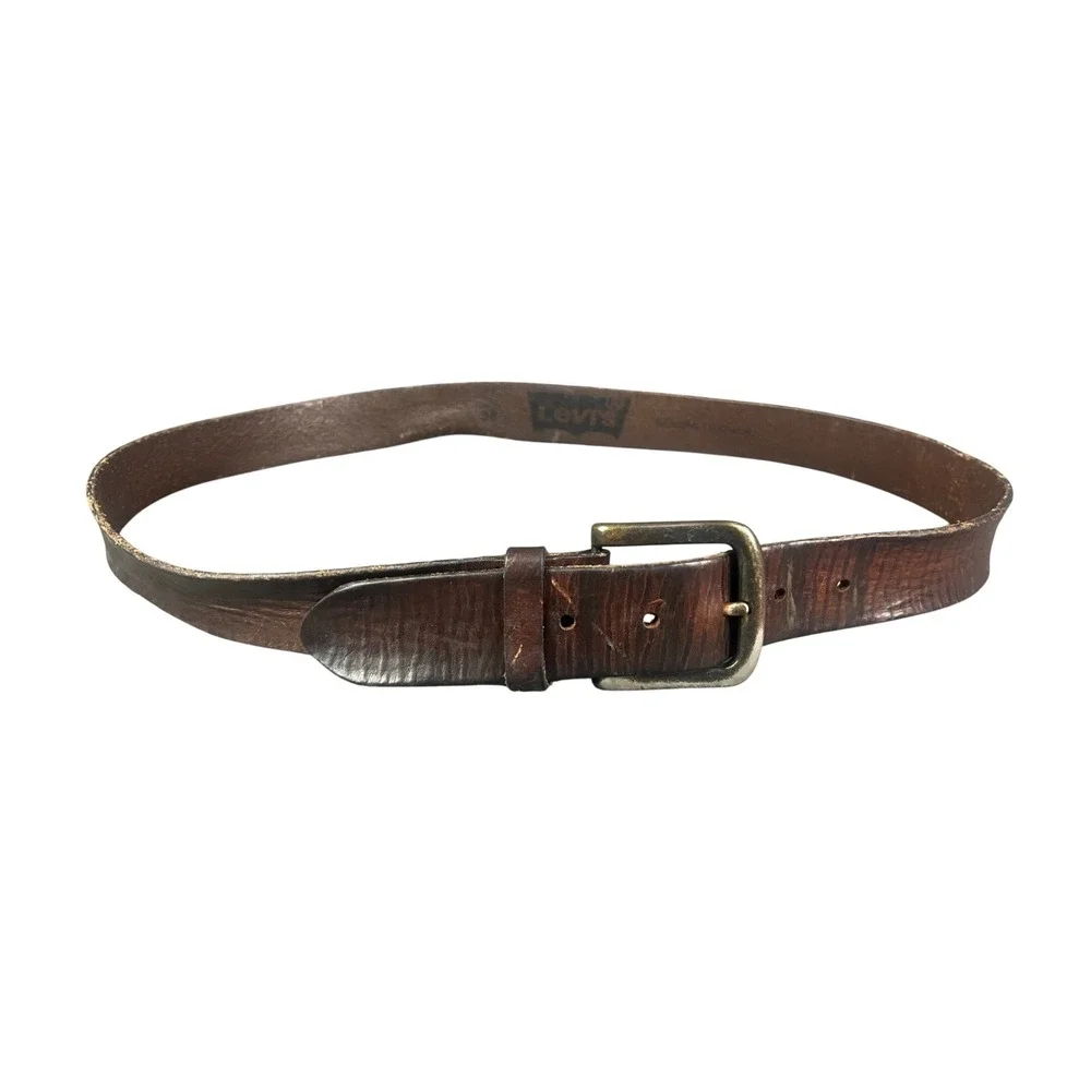 Levis Mens Brown Genuine Leather Belt Size 38 Distressed Vintage Western